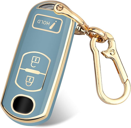 FT FUNTOR for Mazda Key Fob Cover,3 Buttons TPU Key Cover with Golden Edge,Compatible with Mazda 3 6 CX-3 CX-5 CX-7 CX-9 with Keychain (A-Blue)