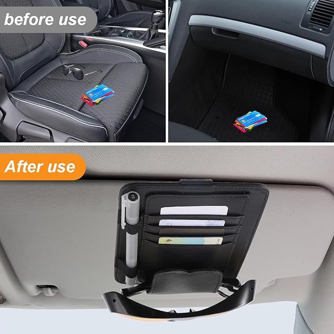 Leather Car Sun Visor Organizer Clip, Universal Car Truck Visor Document Holder with Sunglasses Clip, Auto Visor Pocket Storage for Bill Card Registration/Driving License Pen (Black)