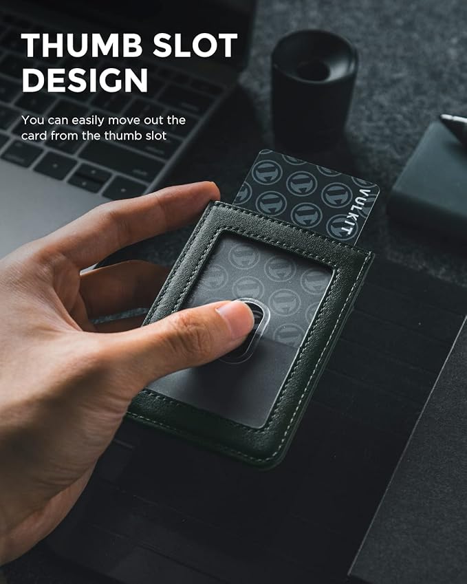 VULKIT ID Badge Holder with Lanyard for Women and Men Vertical Leather Badge Holder with Clear ID Window Card Holder Slot and Money Pocket Royal Green