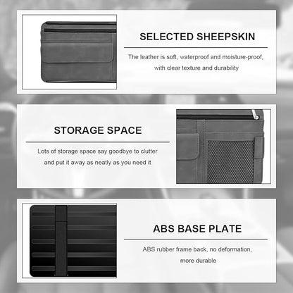 Car Sun Visor Organizer, Soft Leather Auto Sunshade Glasses Storage Bag with Multi-Pocket Net Zipper, Scratch-Resistant Vehicle Visor Pocket Eyeglasses Case Note Holder (Gray)