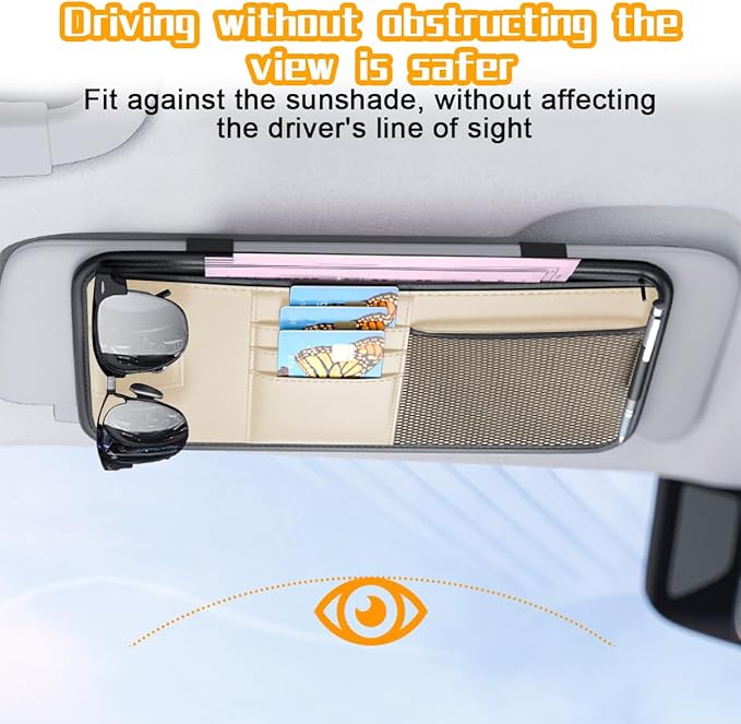 Mandark Car Sun Visor Organizer, PU Leather Vehicle Storage Pouch Holder with Multi-Pocket Zipper, Auto Interior Accessories for Sunglass Pen Document, Universal for SUV, Sedan, Truck (Beige)