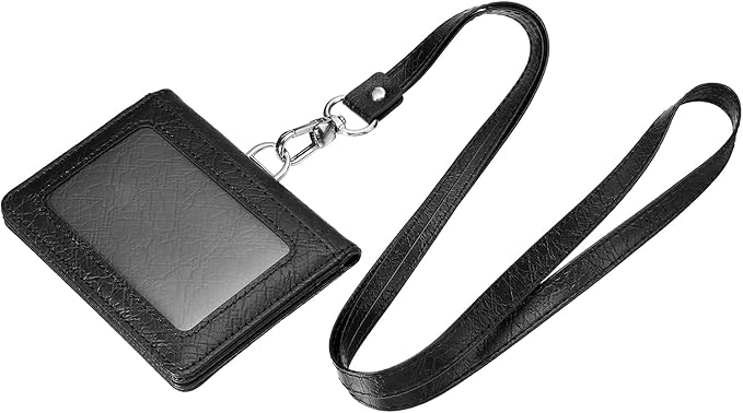 MECCANIXITY ID Badge Holder with Lanyard, PU Leather Horizontal Magnetic Folded 5 Card Slots Clear Window for Office, Black