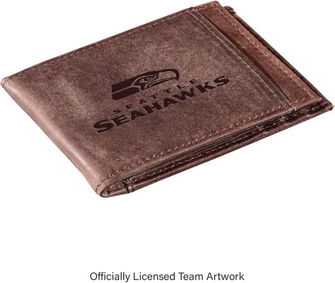 Team Sports America NFL Seattle Seahawks Front Pocket Slim Wallet for Men | Minimalist Leather RFID Blocking Bifold Card Holder with Money Clip | Officially Licensed Stamped Logo