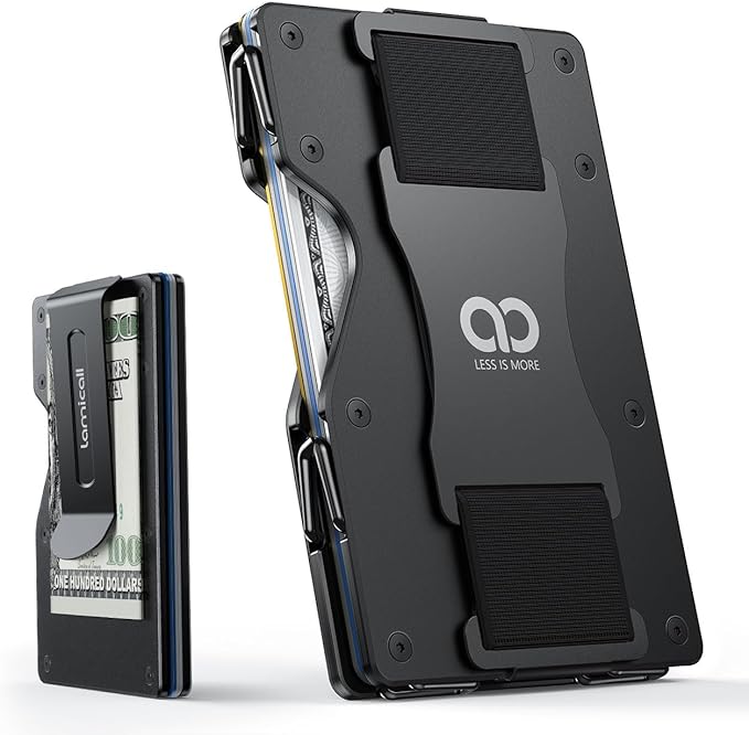 Lamicall Minimalist Carbon Fiber Wallet - Slim Metal RFID Blocking Card Holder with Mechanical Hinge (No Elastic) - Holds 15-20 Cards, Front Pocket EDC Gear for Men, Gift for Men, Metal Black