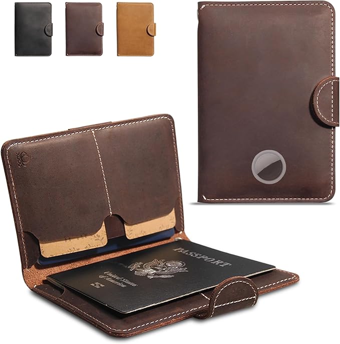 RFID Passport Holder for Travel with Airtag Slot(Hidden) - Genuine Leather Passport Wallet, Large Capacity Passport Cover for Men & Women, Family & Couples, Christmas Gift