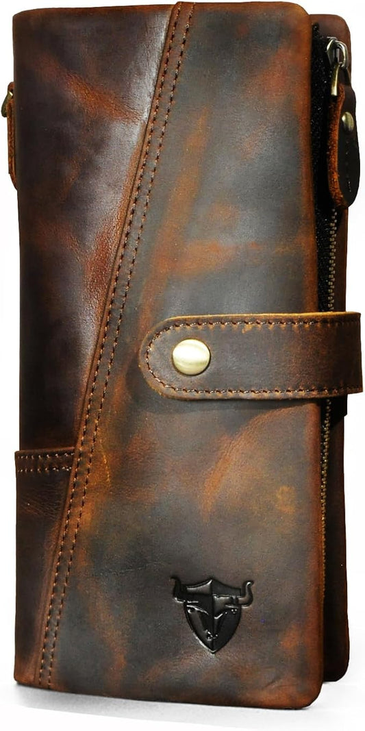 Genuine Crazy Horse Leather Travel Gift Coin Pocket Card Case Long Organizer Chain Rfid Wallet Purse With Snap For Men Male 1803 1815 (1803 Brown-No Chain)