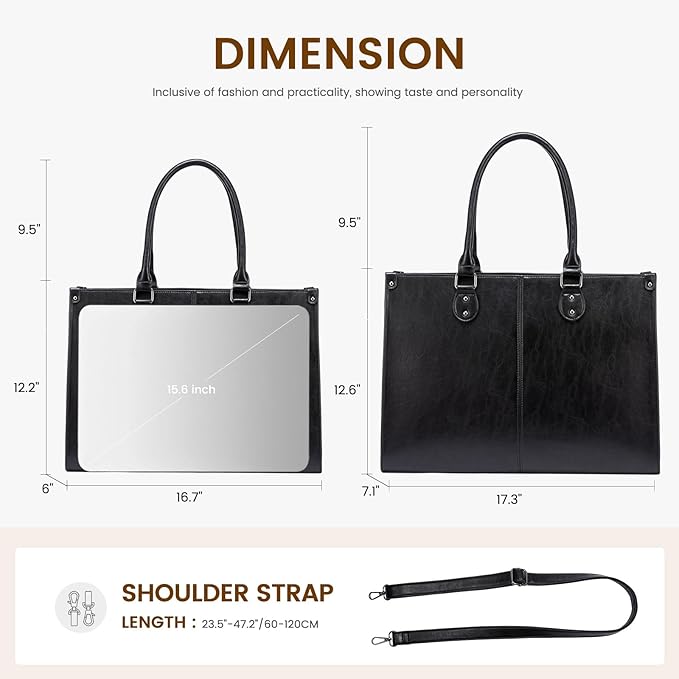 LOVEVOOK Laptop Tote Bag for Women, 15.6 Inch Large Capacity Vintage Leather Work Computer Bag, Business Casual Shoulder Handbag, Black