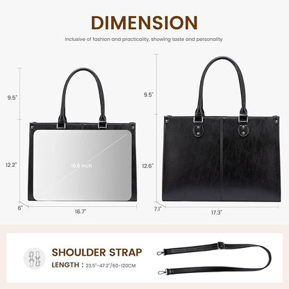 LOVEVOOK Laptop Tote Bag for Women, 15.6 Inch Large Capacity Vintage Leather Work Computer Bag, Business Casual Shoulder Handbag, Black