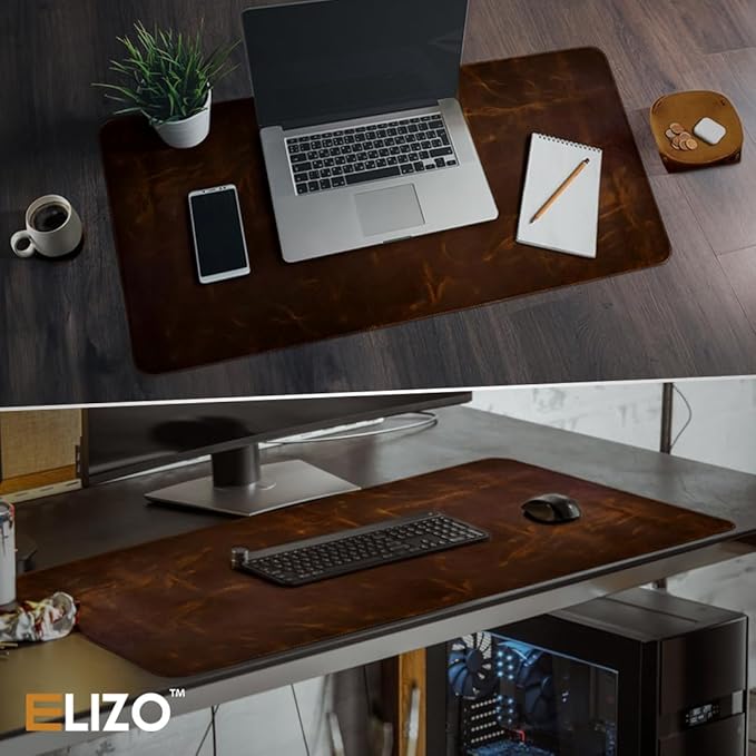 Elizo Real Leather Desk Mat Set (32x16) Large Desk Cover Desk Blotter Protector Computer Gaming Mouse Pad Table Laptop Office Desktop Accessories