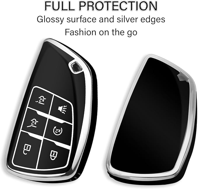 QBUC for Chevy Key Fob Cover with Keychain Soft TPU Protection Case Compatible with 2021-2026 Chevy Tahoe Suburban GMC Yukon Denali Silverado 6-Buttons(Chrome Trim Black)