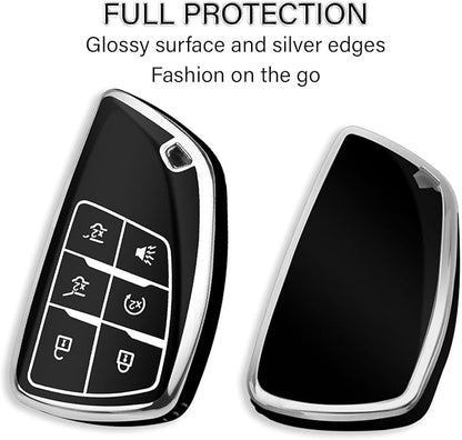 QBUC for Chevy Key Fob Cover with Keychain Soft TPU Protection Case Compatible with 2021-2026 Chevy Tahoe Suburban GMC Yukon Denali Silverado 6-Buttons(Chrome Trim Black)
