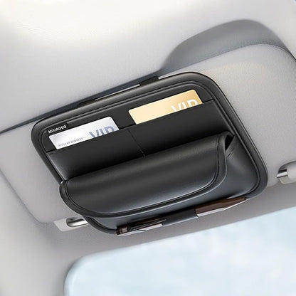 Car Sun Visor Organizer, Car Sunglasses Holder with Adjustable Elastic Strips, Sunvisor Storage with Card Sleeve, Leather Visor Accessories for Sunglasses Pen Drivers License Key