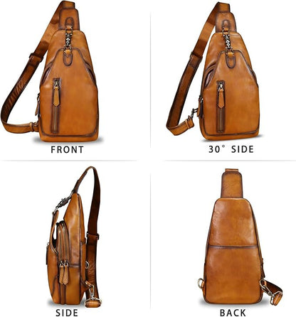 LRTO Genuine Leather Sling Bag for Men and Women Real Leather Shoulder Crossbody Bag Chest Bag Sling Backpack Purse
