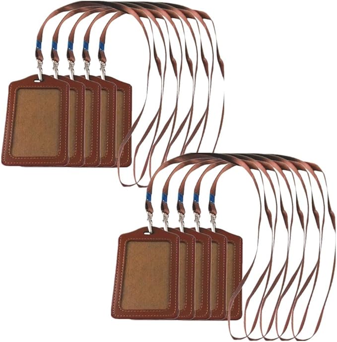 yueton 10pcs Vertical Style Leather Business ID Badge Card Holder, Name Card Business Card Holder Tag with Long Neck Strap Band Lanyard (Brown)