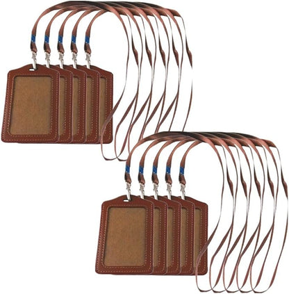 yueton 10pcs Vertical Style Leather Business ID Badge Card Holder, Name Card Business Card Holder Tag with Long Neck Strap Band Lanyard (Brown)