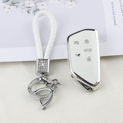 PIFOOG Key Fob Cover for VW Volkswagen ID4 Golf GTI R 2022 2023 Accessories TPU 5 Buttons Car Keys Case Shell Protector Bling Keychain Girly Women White Silver