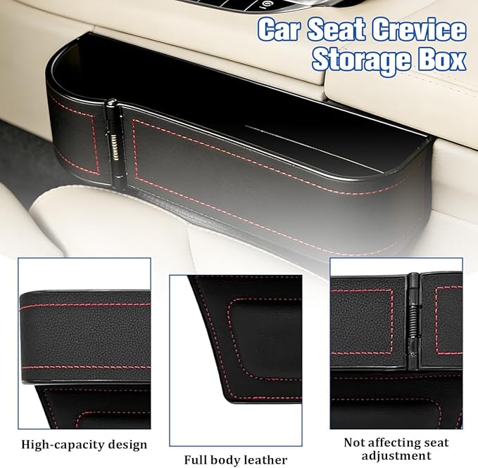 Car Seat Gap Filler Organizer with Cup Holder Expander, Leather Console Seam Filler Storage Box, Auto Front Seat Gap Organizer for Phones Keys Glasses, Universal Fit (Black/Red Driver)