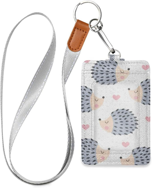 Qilmy Hedgehog ID Badge Holder Leather Credit Card Badge Holder with Lanyard for Boys Girls School Office Staff
