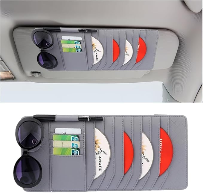 CD Case Holder for Car Sun Visor, Visor DVD Storage Organizer with Sunglasses Clip, Pen Holder & Card Slot, Multifunctional Automotive Disc Storage Pocket, Universal for SUV RV Truck (Gray)