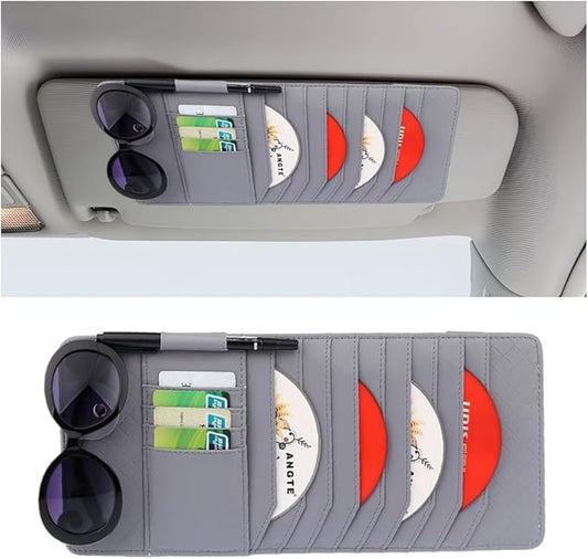 CD Case Holder for Car Sun Visor, Visor DVD Storage Organizer with Sunglasses Clip, Pen Holder & Card Slot, Multifunctional Automotive Disc Storage Pocket, Universal for SUV RV Truck (Gray)