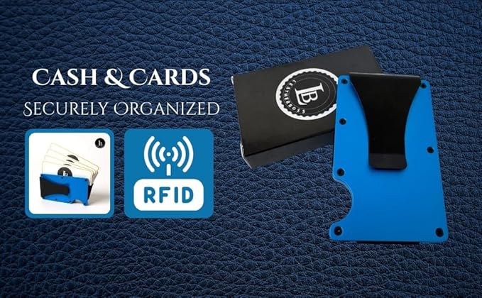 Leatherboss Wallet for Men RFID Blocking Minimalist Metal Card Holder with Money Clip Holds Credit Cards and Cash (Navy Blue)