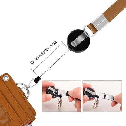 【2025 Latest】Cute Badge Holder Retractable Lanyard Reel Clip with Heavy Duty Carabiner, 1 Clear ID Window, and 4 Card Slots in 2 Sided for Students Teens Boys Girls Women (01 Brown Bear)