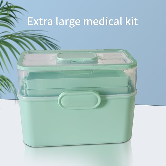 Portable Clear Medicine Box Empty, Family First Aid Dispenser/Art & Crafts Case/Folding Tool Organizer/Multipurpose Storage Container 3-Layers Storage Bin for Family Emergency (Green)