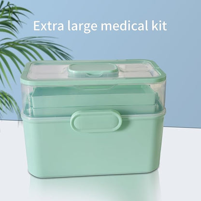 Portable Clear Medicine Box Empty, Family First Aid Dispenser/Art & Crafts Case/Folding Tool Organizer/Multipurpose Storage Container 3-Layers Storage Bin for Family Emergency (Green)