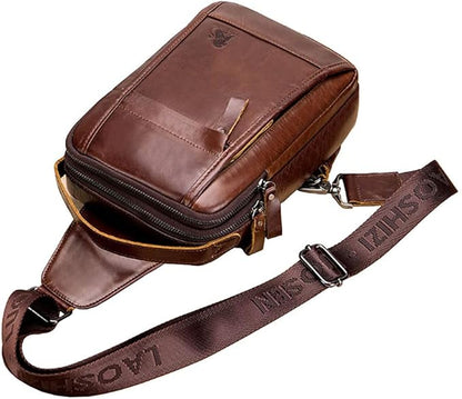 Leather Sling Bag Backpack for Men Women Outdoor Travel Hiking Business Shoulder Crossbody Chest Pouch Pack Casual Work Office Handbag Tote