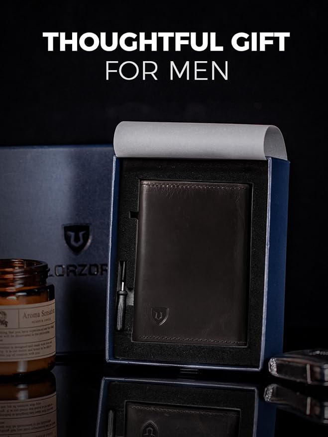 LORZOR Minimalist Wallet for Men with Credit Card Holder, Finest Full Grain Leather, Pop up Smart Wallet, Trifold Slim Wallet, RFID Blocking, Front Pocket, ID Window