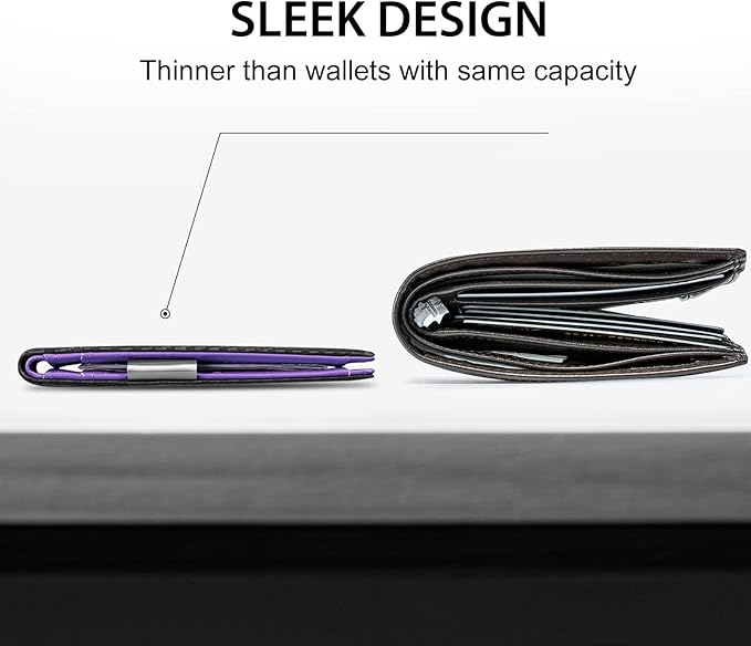 GSOIAX Men's Slim RFID Blocking Leather Wallet with Money Clip | Minimalist Carbon Fiber Bifold Credit Card Holder | 11 Card Slots | Gift Box Included(Carbon Purple)