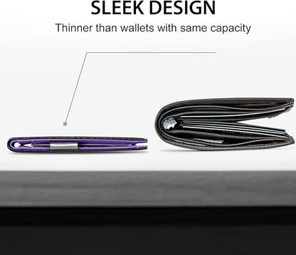 GSOIAX Men's Slim RFID Blocking Leather Wallet with Money Clip | Minimalist Carbon Fiber Bifold Credit Card Holder | 11 Card Slots | Gift Box Included(Carbon Purple)