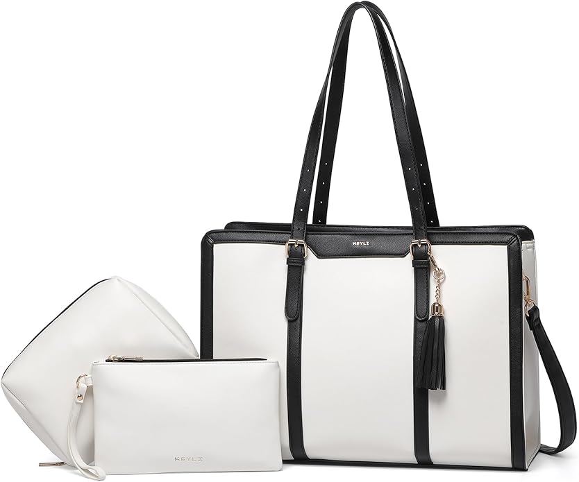 Keyli 4pc Sets Laptop Bag for Women Large Leather Laptop Briefcase with USB Charging Port Computer Shoulder tote Bags Purse