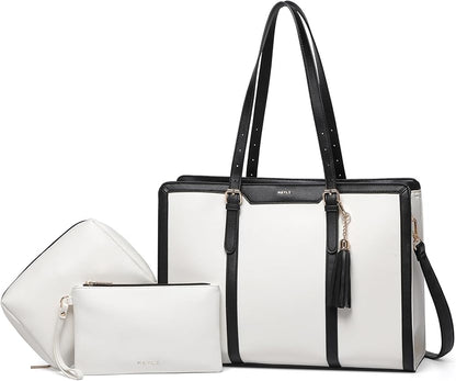Keyli 4pc Sets Laptop Bag for Women Large Leather Laptop Briefcase with USB Charging Port Computer Shoulder tote Bags Purse