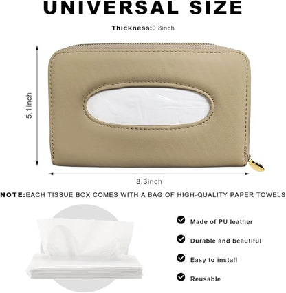 Car Tissue Holder, Sun Visor Napkin Box Premium PU Leather Tissue Case with Zipper, Rectangular Hanging Paper Organizer Mask Dispenser for Sedans SUVs Trucks, Car Accessories (Beige)