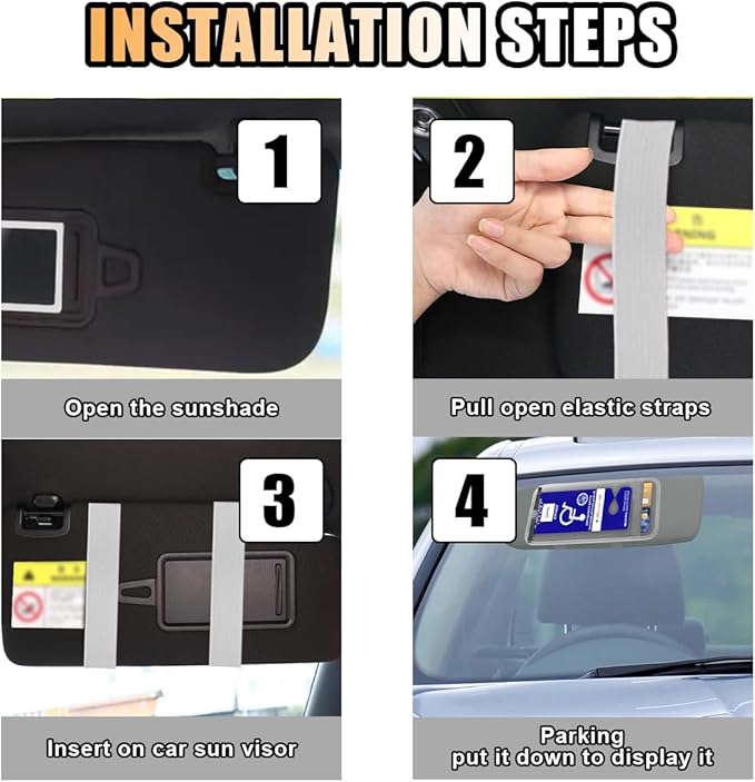 JOYCOURT Handicap Placard Holder for Car, Disabled Parking Permit Sign Protector, Car Interior Sun Visor Storage Clip with Pen Holder, Note Paper Slot, Elastic Strap (Grey)