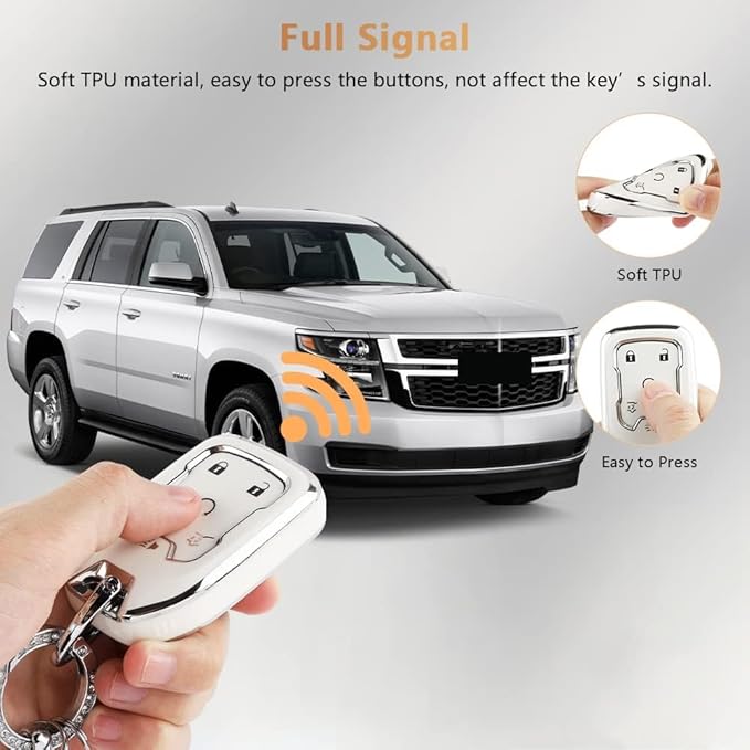 PIFOOG Key Cover for Chevy TPU Soft Car Keys Shell Protector with Glittering Car Keychain Accessories for Suburban Tahoe GMC Yukon Key Fob Girly Women Men White