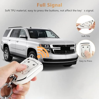 PIFOOG Key Cover for Chevy TPU Soft Car Keys Shell Protector with Glittering Car Keychain Accessories for Suburban Tahoe GMC Yukon Key Fob Girly Women Men White