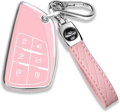 QBUC for Chevy Key Fob Cover with Keychain Soft TPU Protection Case Compatible with 2021-2026 Chevy Tahoe Suburban GMC Yukon Denali Silverado 6-Buttons(Chrome Trim Pink)