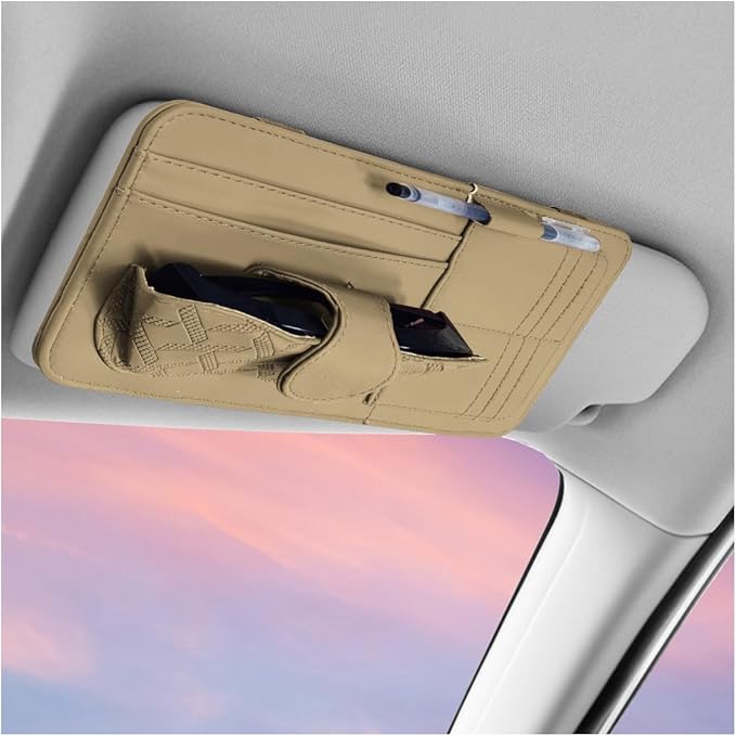 Car Sun Visor Organizer, Vehicle Sunglasses Holder, Automotive Storage Pocket for Pen, Glasses, Ticket, Card, Auto Interior Accessories Pocket for Car, SUV, Truck (Khaki)