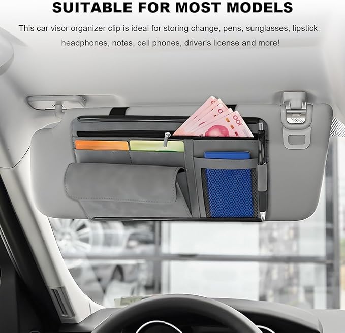 Sun Walker Car Sun Visor Organizer, Suede Leather Visor Storage Pouch Holder with Net Zipper, Multi-Pocket Vehicle Sunshade Organizer for Eyeglasses Card License Registration (Gray)