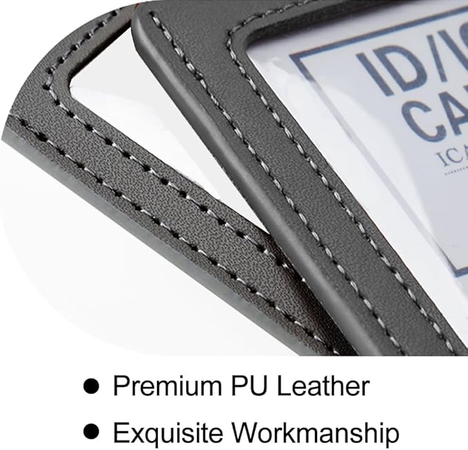 Larpur 2 Pack Leather Badge Holders, Double Sided Clear ID Badge Holder Vertical Card Holders for Work, School, Office (Black)