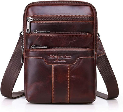 Hebetag Small Leather Sling Shoulder Bag Messenger Pack for Men Women Outdoor Travel Business