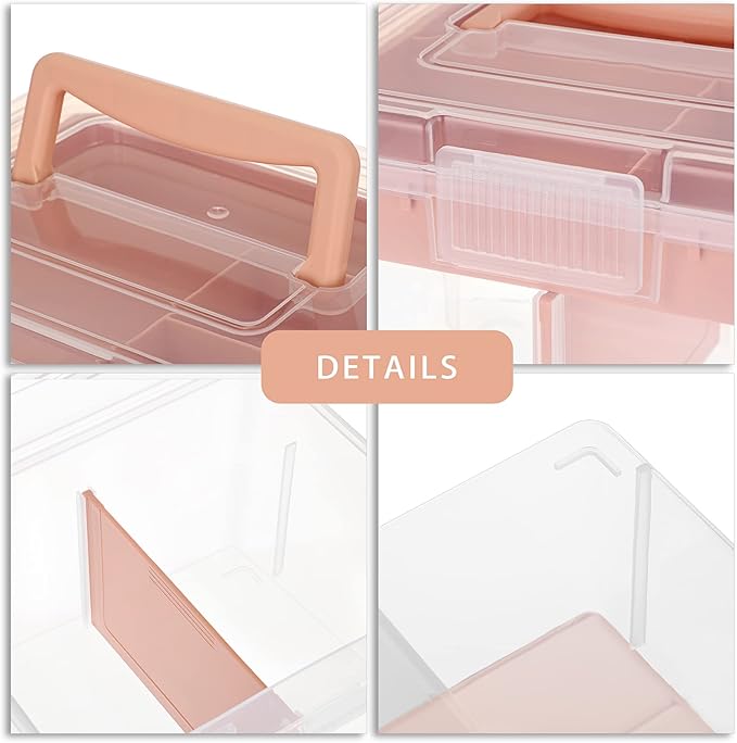 BTSKY 2 Layer Clear Plastic Dividing Storage Box with Removable Tray Multipurpose Stationery Storage Box with Handle Portable Sewing Boxes Art Craft Supply Organizer Home Utility Box(Big Pink)