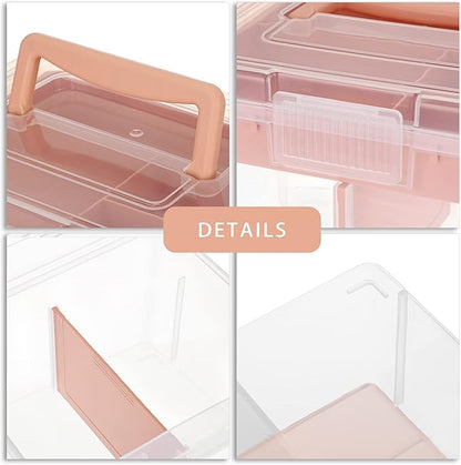 BTSKY 2 Layer Clear Plastic Dividing Storage Box with Removable Tray Multipurpose Stationery Storage Box with Handle Portable Sewing Boxes Art Craft Supply Organizer Home Utility Box(Big Pink)