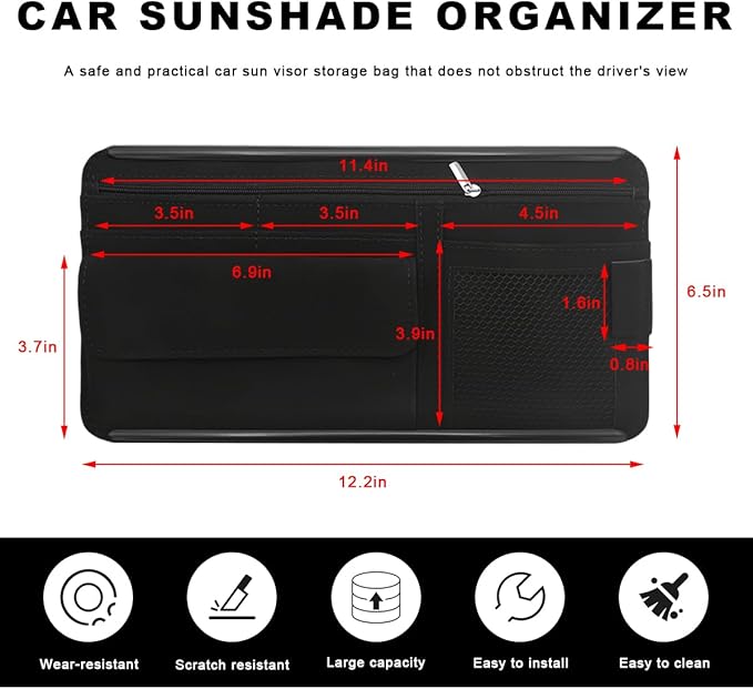Car Sun Visor Organizer, Soft Leather Vehicle Sunshade Glasses Storage Bag with Net Zipper, Automotive Multi-Pocket Organizer for Drive License Card Glasses Document (Black)