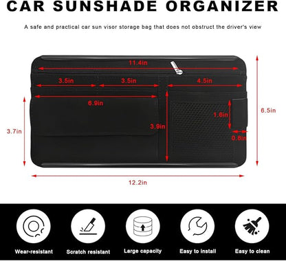 Car Sun Visor Organizer, Soft Leather Vehicle Sunshade Glasses Storage Bag with Net Zipper, Automotive Multi-Pocket Organizer for Drive License Card Glasses Document (Black)