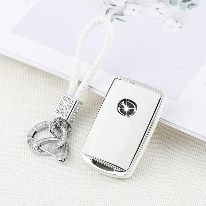 PIFOOG Car Key Case for Mazda 3 6 CX9 CX5 CX30 MX5 CX50 Accessories TPU Keys Fob Cover Shell Cute Bling Keychain Landyard Full Protection 4 Buttons Girly Women White Silver