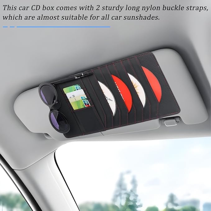 CD Case Holder for Car Sun Visor, Visor DVD Storage Organizer with Sunglasses Clip, Pen Holder & Card Slot, Multifunctional Automotive Disc Storage Pocket, Universal for SUV RV Truck (Black)