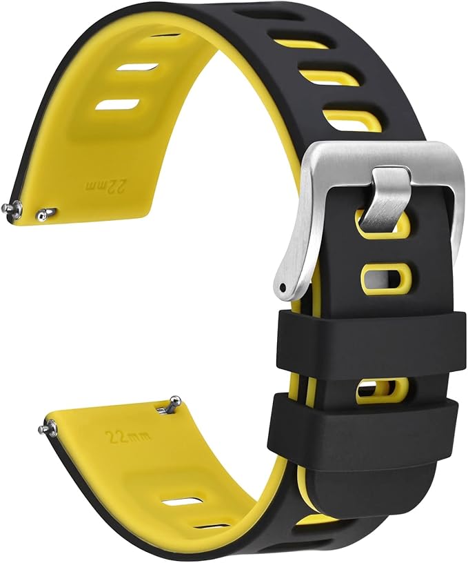 WOCCI 20mm Bicolor Watch Band, Silicone Rubber, Quick Release Replacement Strap for Men and Women, Silver Stainless Steel Buckle (Black-Yellow)